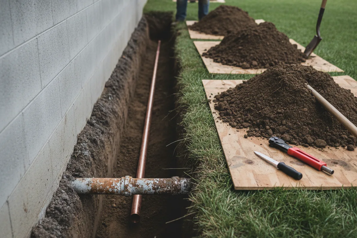 Excavated water line trench during Water Heater Repair in Marcus Hook